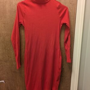 Red Ribbed Turtleneck Dress